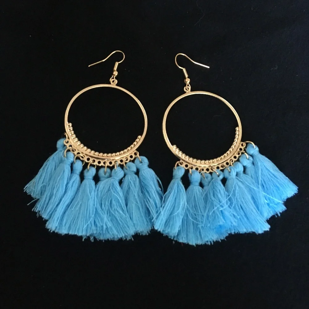 Fan Shaped Blue Tassel Dangle Earrings